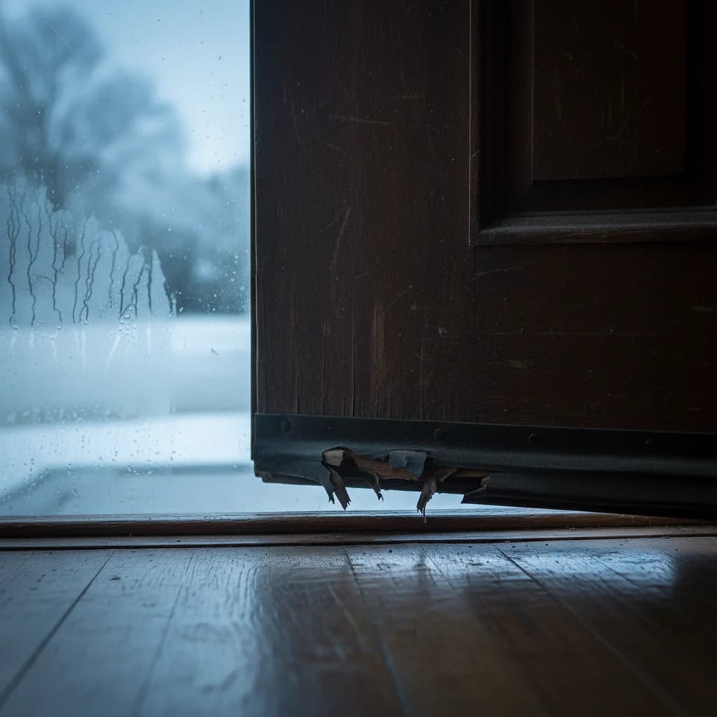 Bas de porte d'entrée avec joint usé laissant passer la lumière du jour