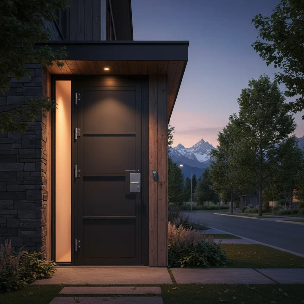 Porte d'entrée sécurisée éclairée au crépuscule avec montagnes alpines en fond