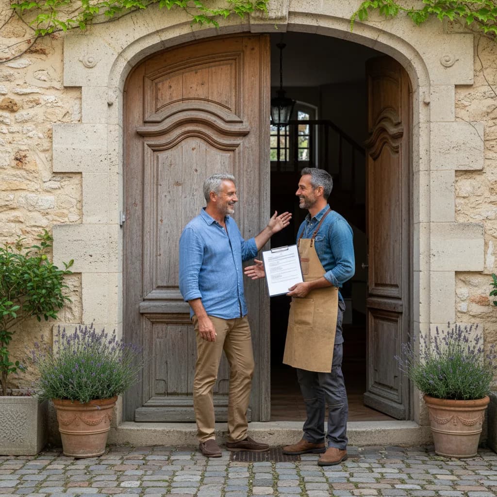 Artisan menuisier présentant un devis pour une porte d'entrée à un propriétaire