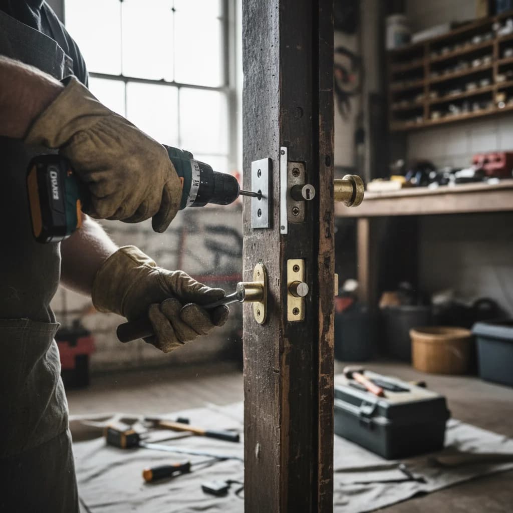 Artisan installant un cylindre de sécurité et une cornière anti-effraction sur une porte