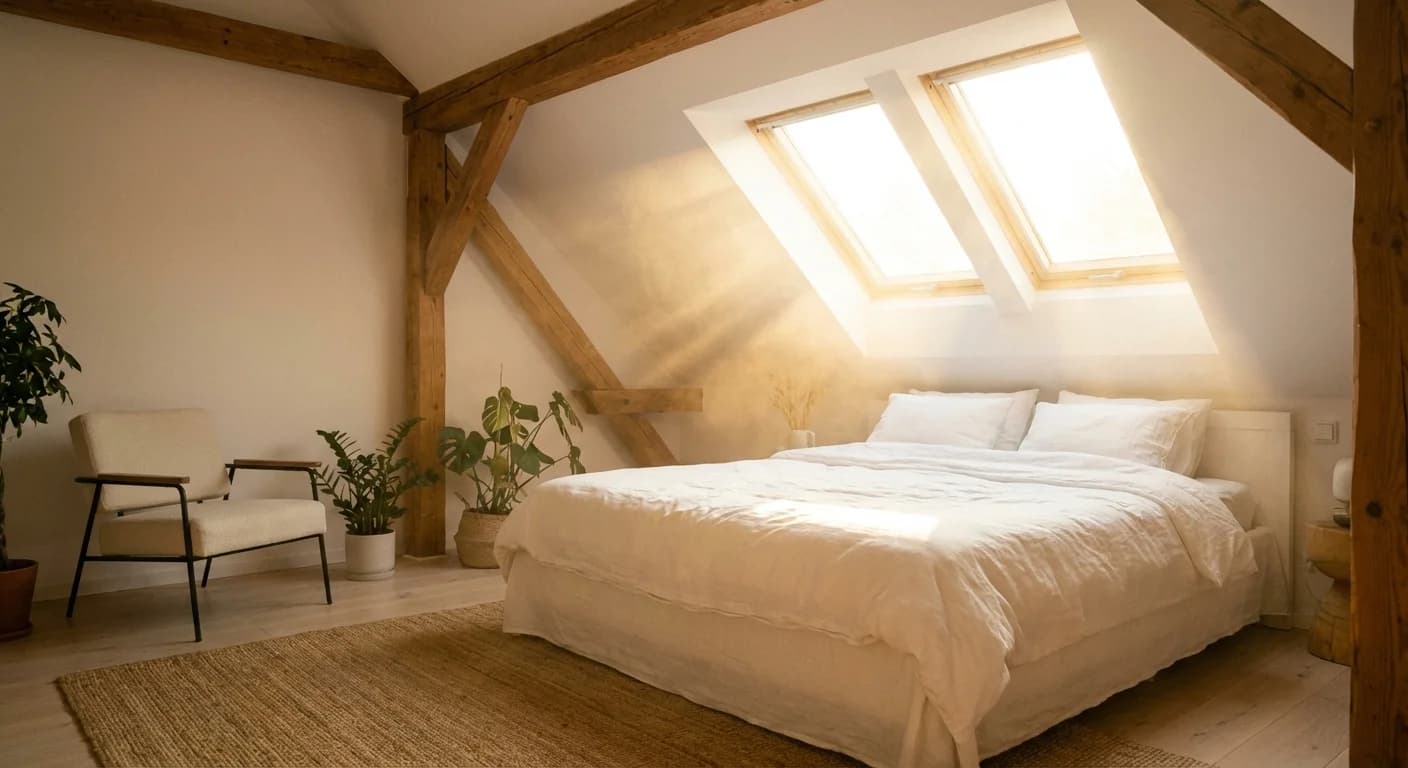 Lumière intense à travers un Velux dans des combles aménagés en été