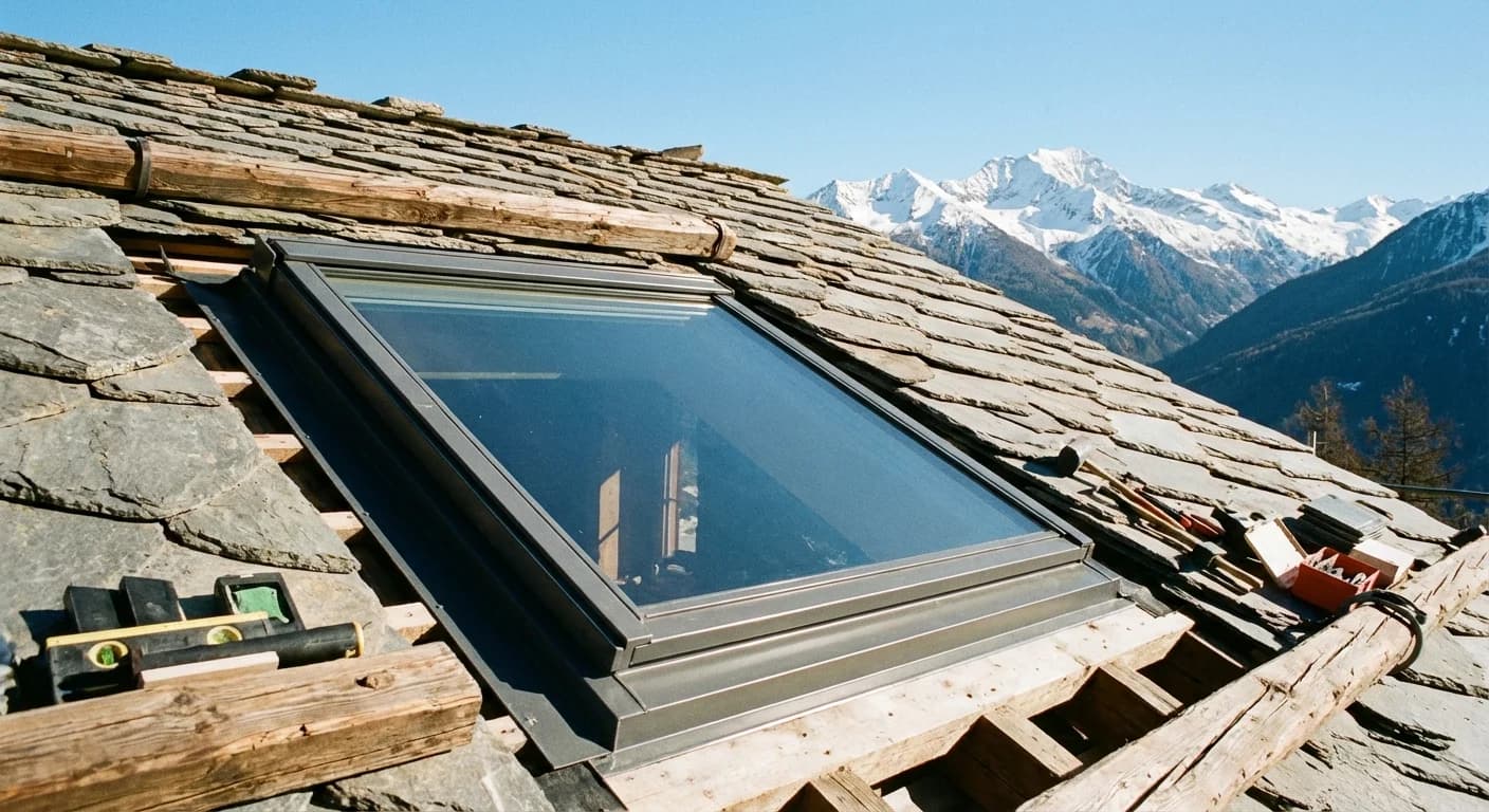 Fenêtre de toit Velux installée sur un chalet en Haute-Savoie