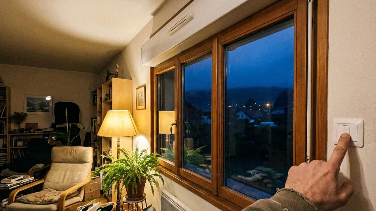 Salon au crépuscule, volet roulant resté enroulé dans son coffre au-dessus de la fenêtre, une main appuie sur l'interrupteur