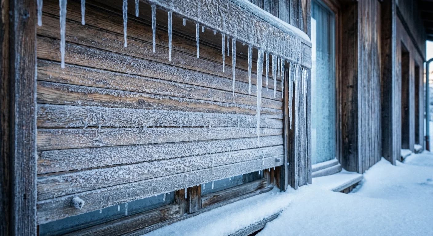 Volet roulant gelé couvert de givre en hiver en montagne