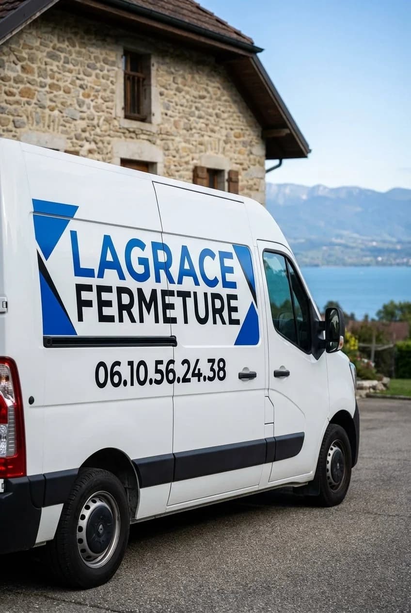 Camion Lagrace Fermeture devant un chantier en Haute-Savoie