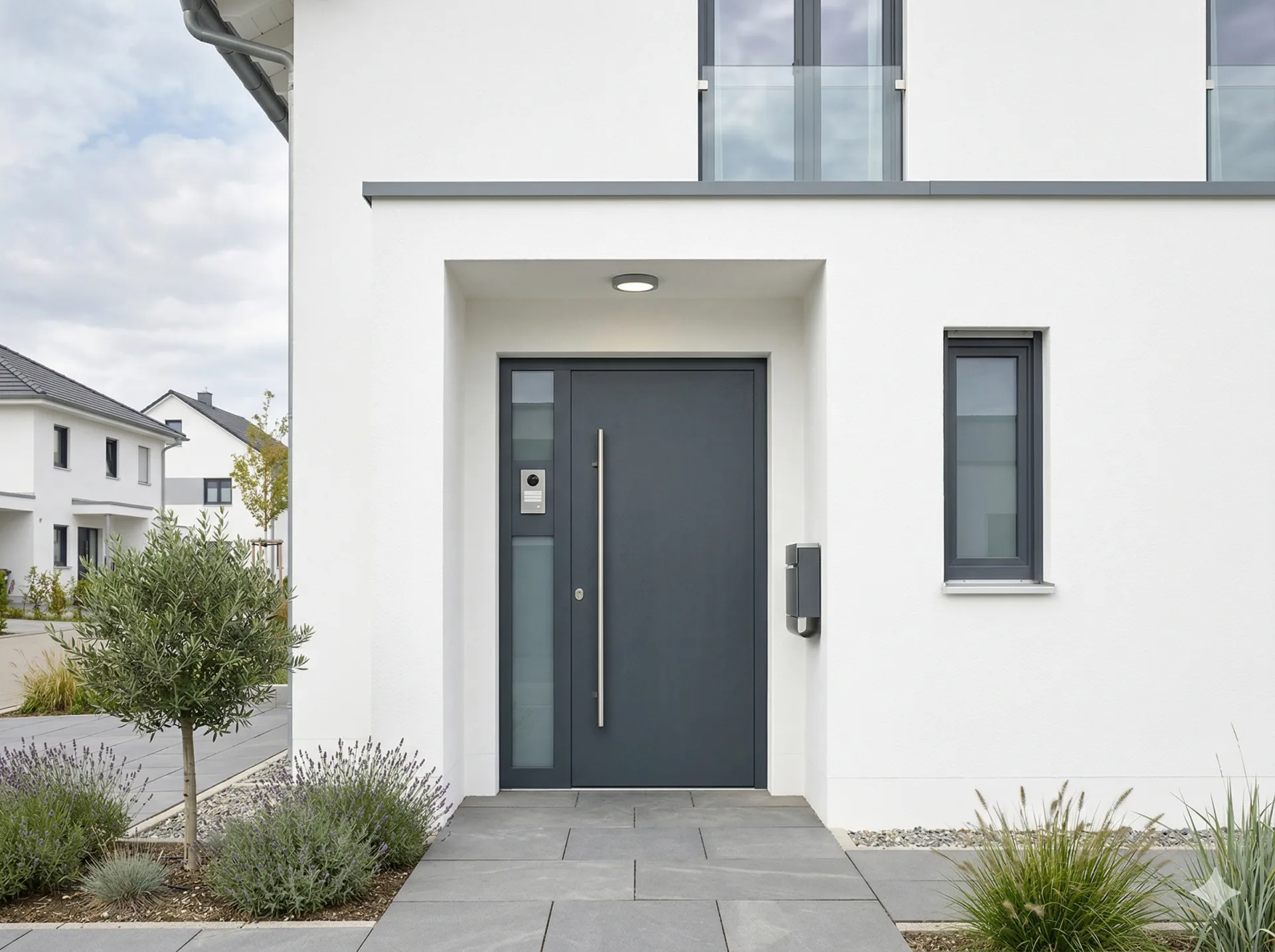 Porte d'entrée aluminium gris anthracite sur façade moderne