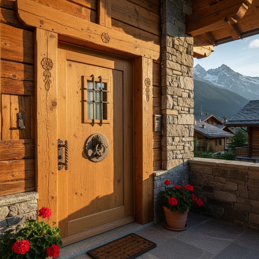 Porte d'entrée bois massif posée sur chalet en Haute-Savoie