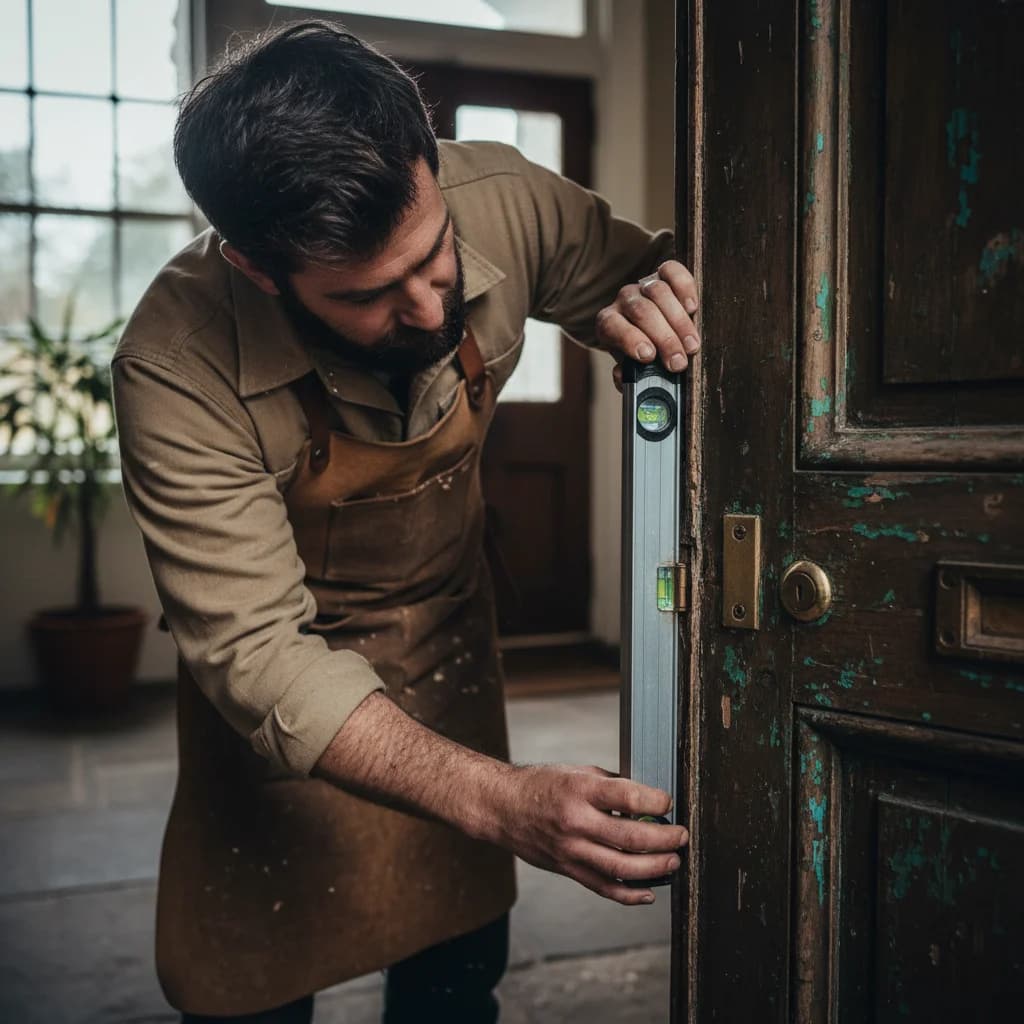 Artisan diagnostiquant une porte d'entrée en Haute-Savoie