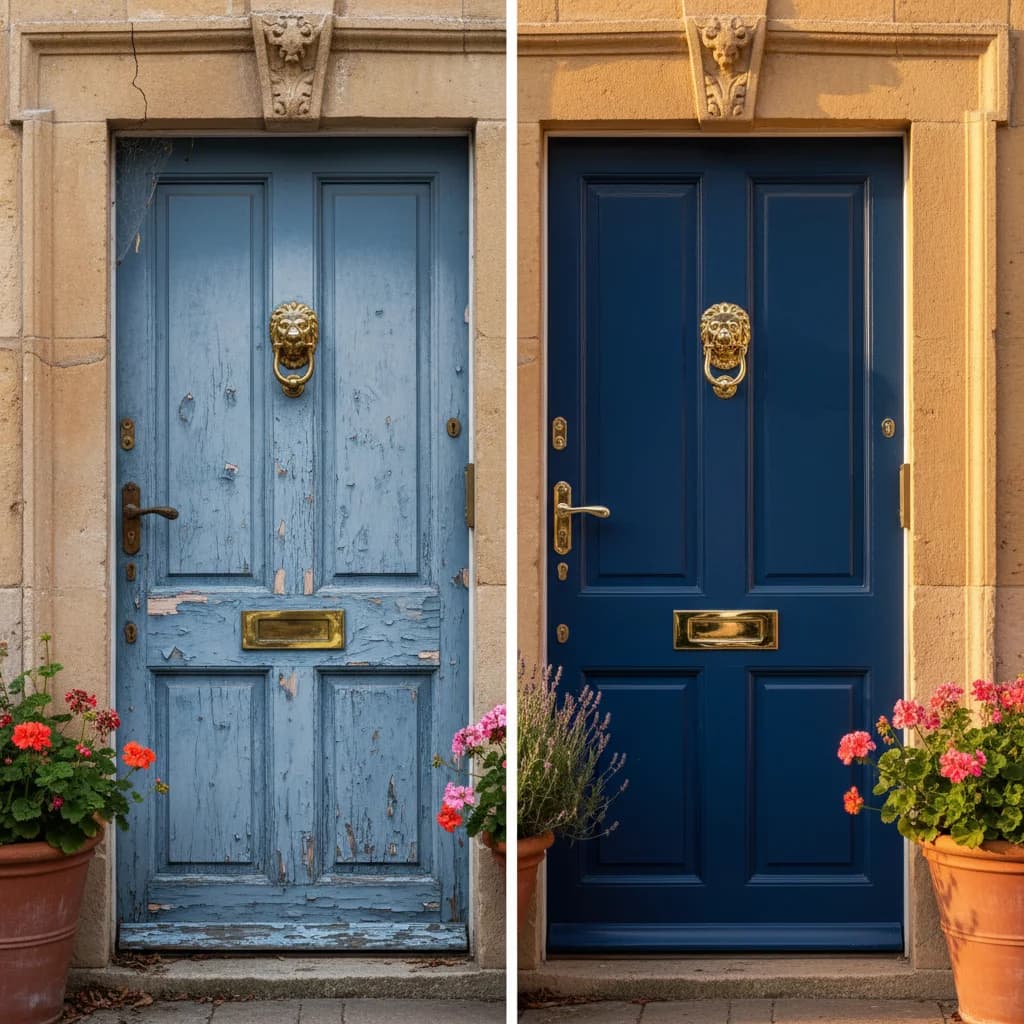 Porte d'entrée restaurée avant et après par Lagrace Fermeture