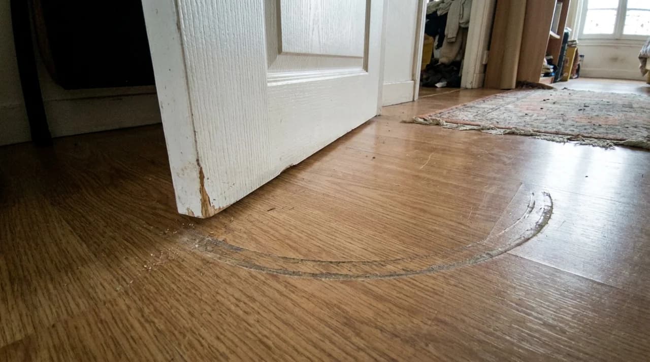 Bas d une porte qui frotte le sol, trace d usure en arc de cercle creusee dans le parquet