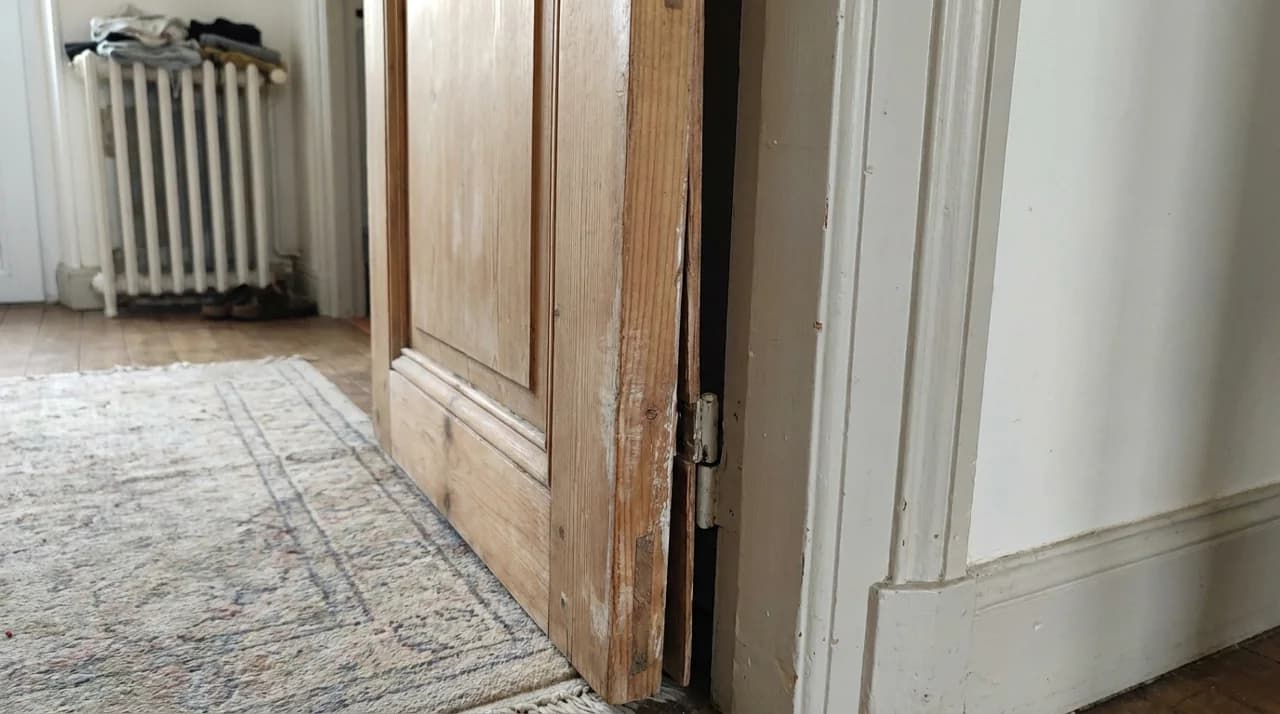 Porte en bois qui ne ferme plus, bloquee contre son chambranle a cause du bois gonfle