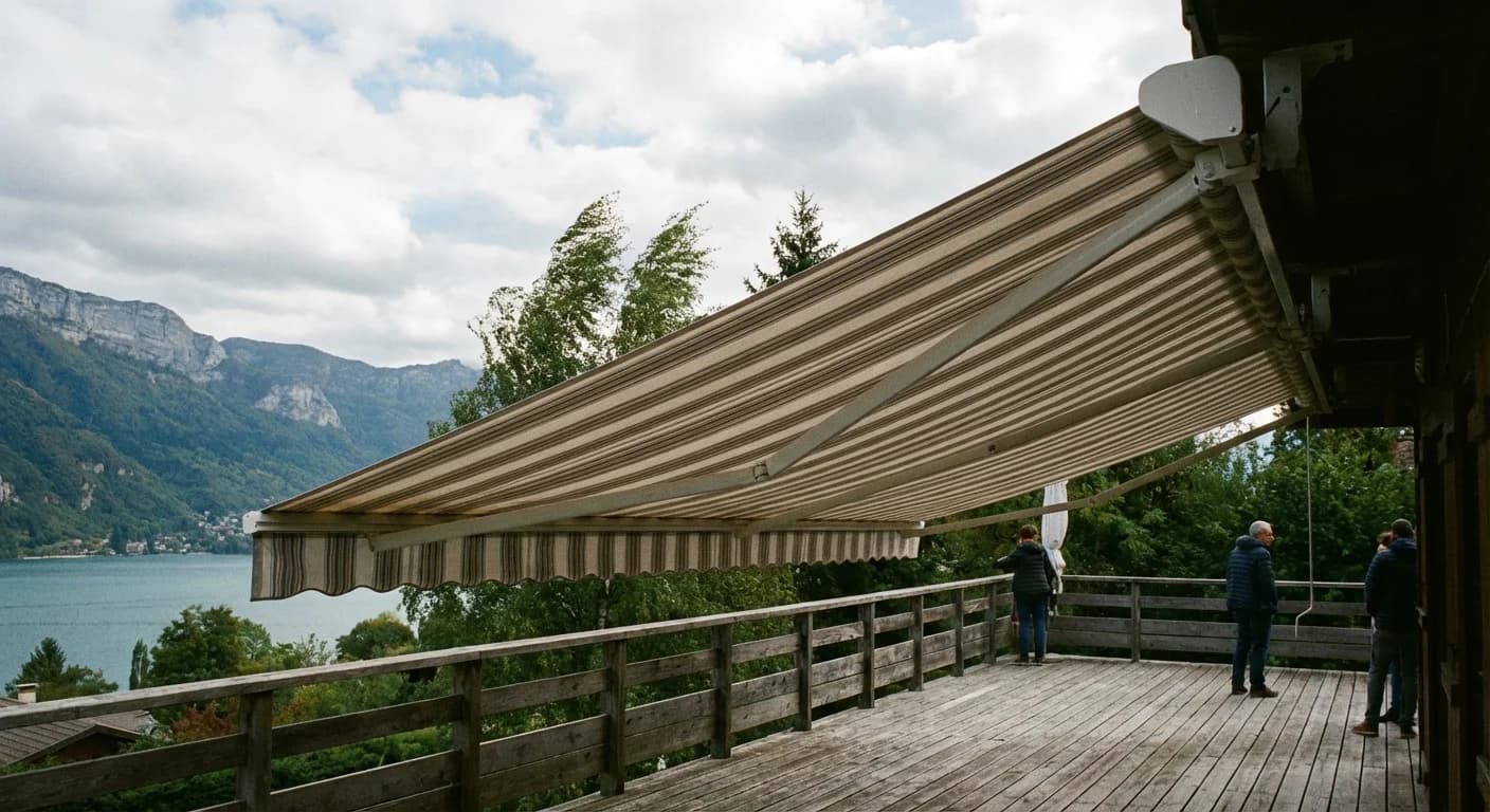 Store banne motorisé sur une terrasse face aux Alpes en Haute-Savoie