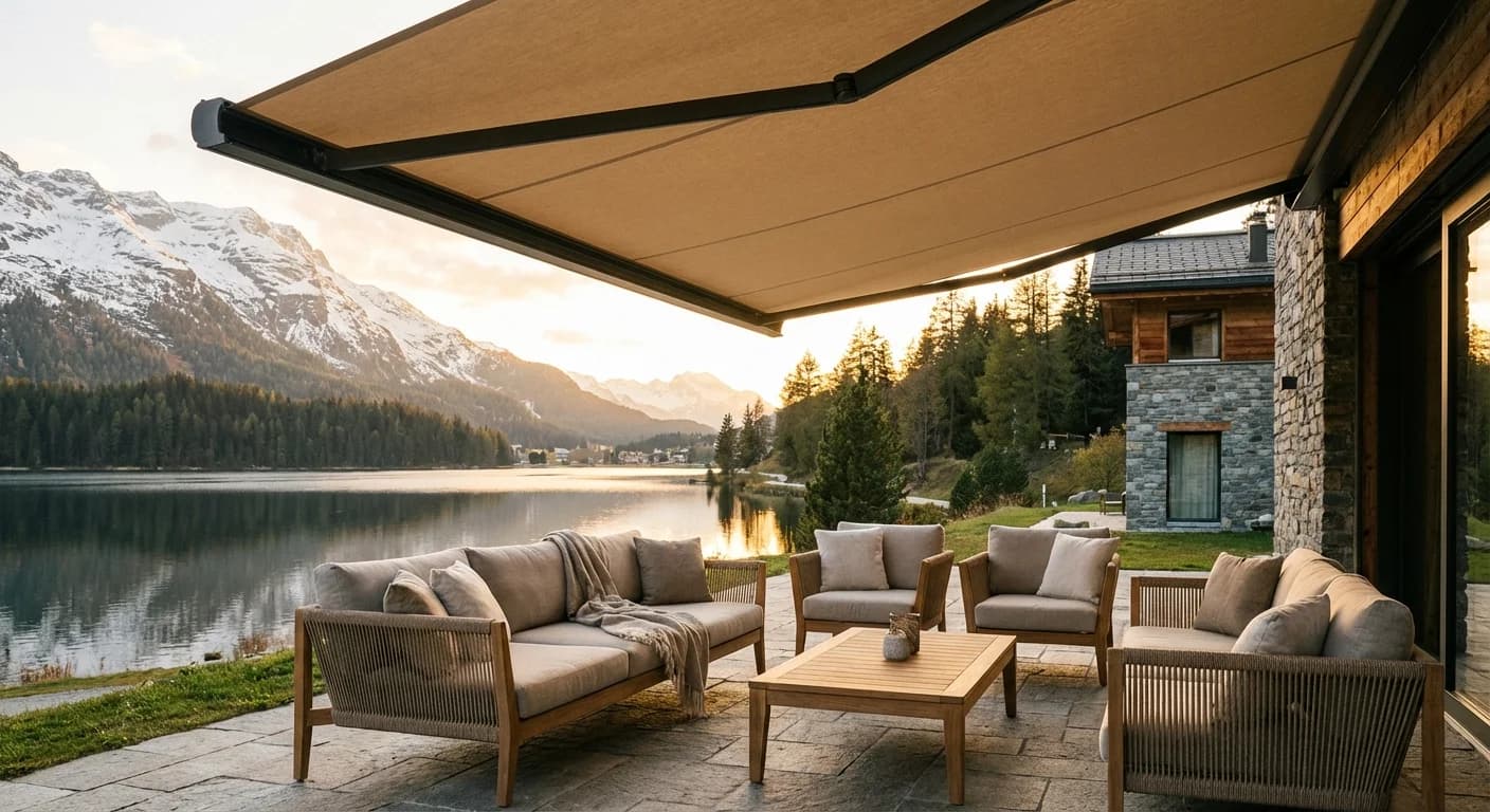 Store banne installé sur une terrasse avec vue sur le lac Léman