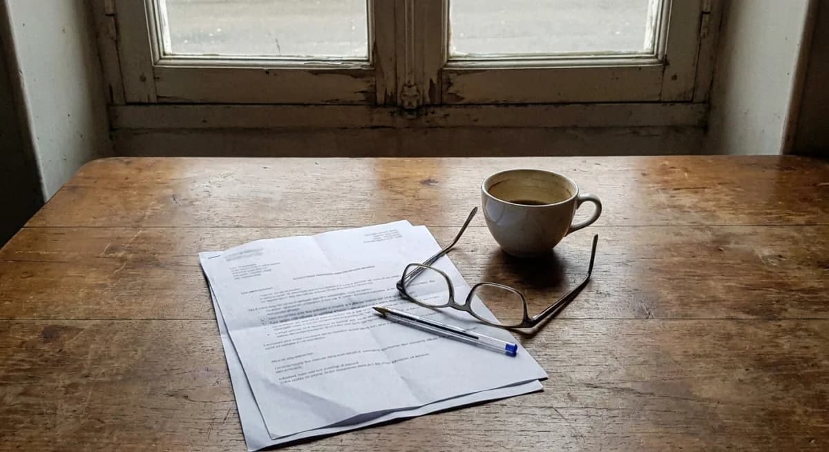 Devis de menuiserie posé sur une table en bois avec des lunettes et un stylo, devant une vieille fenêtre en bois